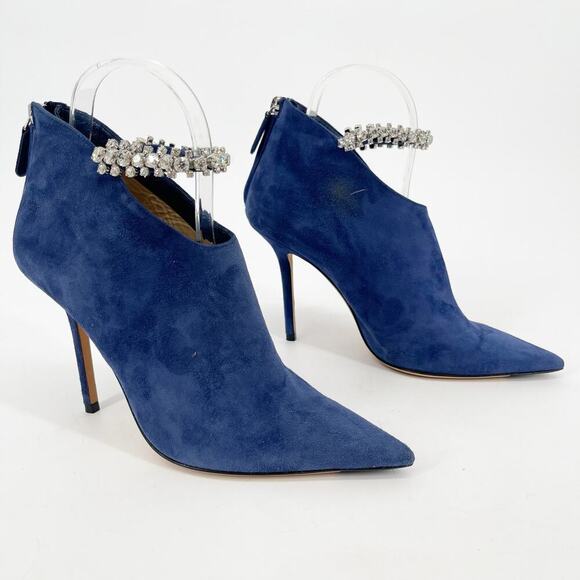 Jimmy Choo Blaize 100 Navy Blue Suede Ankle Bootie Crystal Strap size IT 37 - Picture 2 of 13